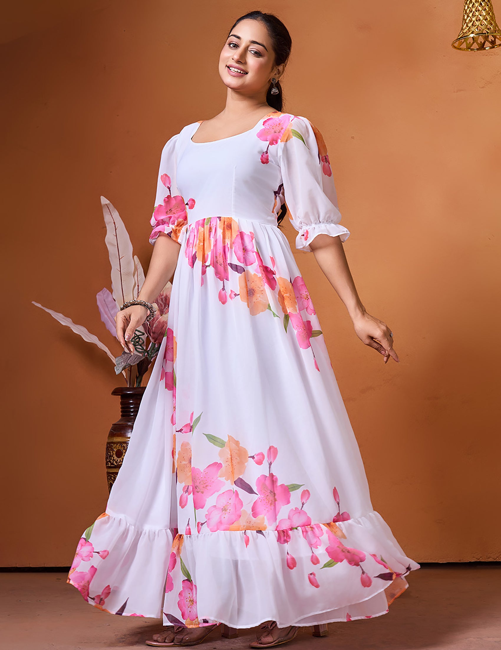 Chic Floral Elegance Long White Western Dress - 1 piece ready-to-wear | CRUSH| PAKISTANI | PUNJABI | SOUTH ASIAN