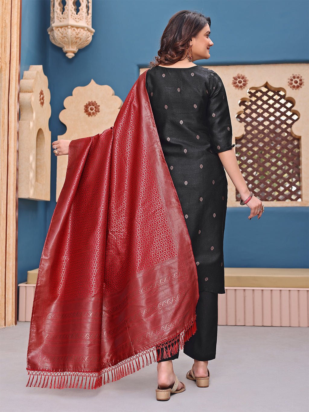 Women’s Black Ethnic Suit Set with Red Shawl – Festive Wear Kurti Set - 3 piece ready-to-wear | NAYAB| PAKISTANI | PUNJABI | SOUTH ASIAN