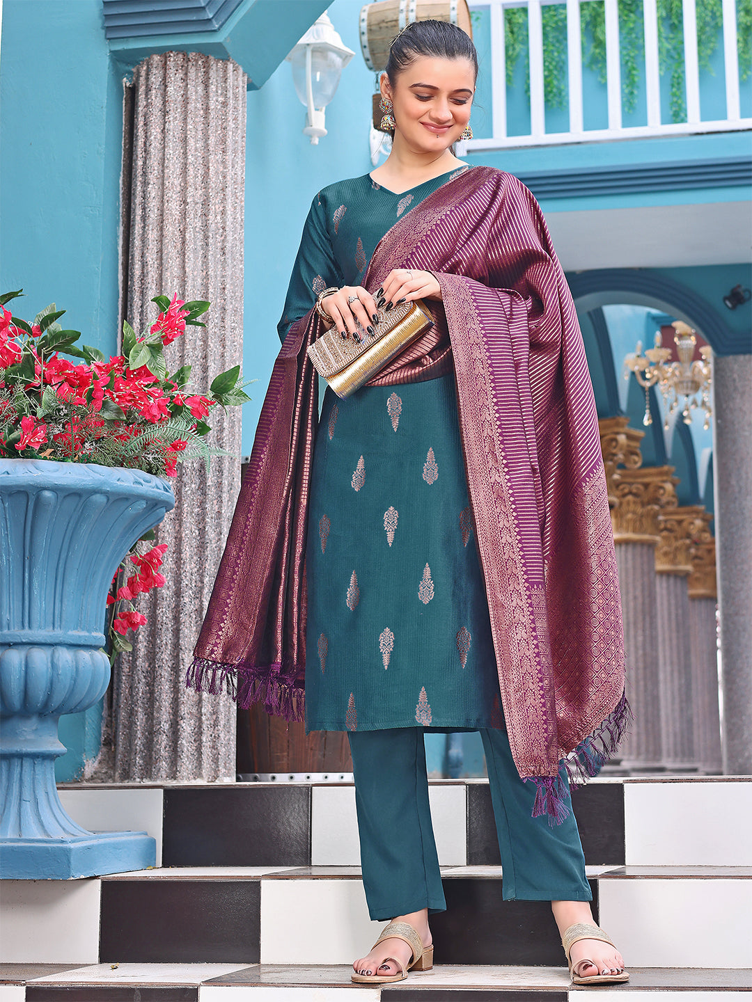 Teal Jacquard Kurta Set with Rich Maroon Banarasi Dupatta – Festive & Party Wear - 3 piece ready-to-wear | ROMAN | PAKISTANI | PUNJABI | SOUTH ASIAN