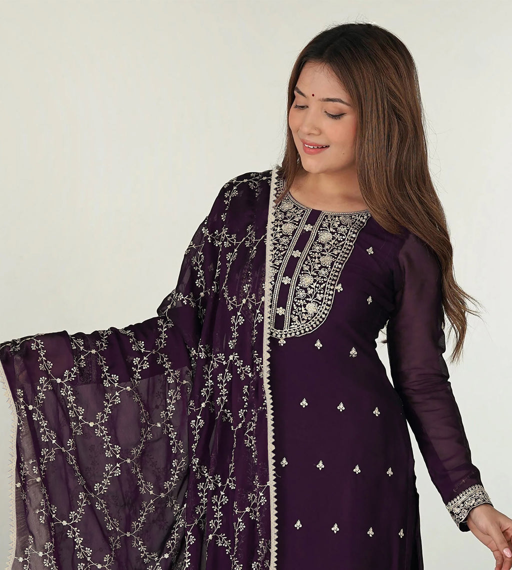 Royal Plum Embroidered Straight Kurta Set with Net Dupatta – Traditional Festive Wear - 3 piece ready-to-wear | ZILMIL |  | PAKISTANI | PUNJABI | SOUTH ASIAN