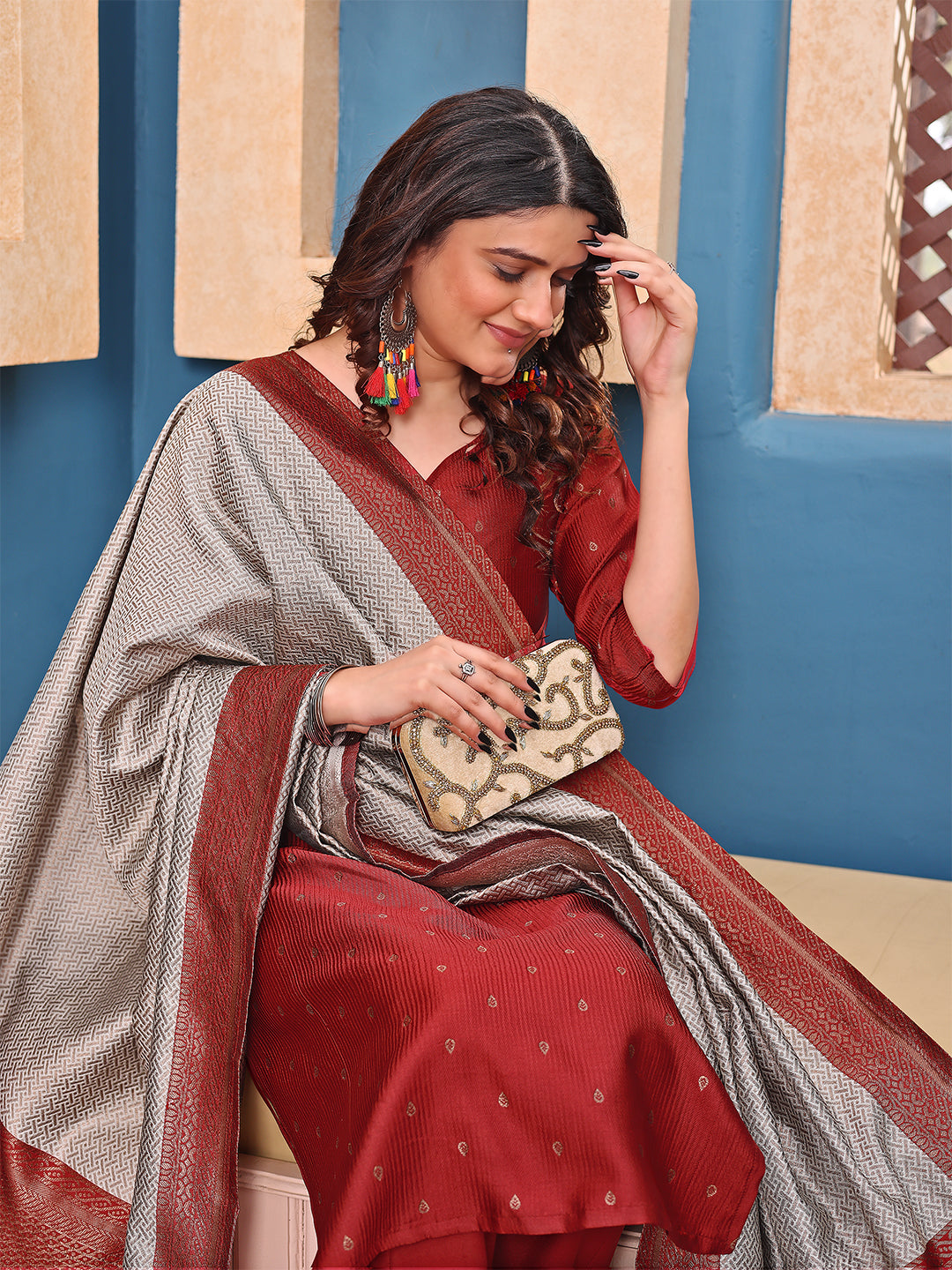 Traditional Maroon Suit Set – Kurti Pant with Heavy Dupatta - 3 piece ready-to-wear | MANNAT | PAKISTANI | PUNJABI | SOUTH ASIAN