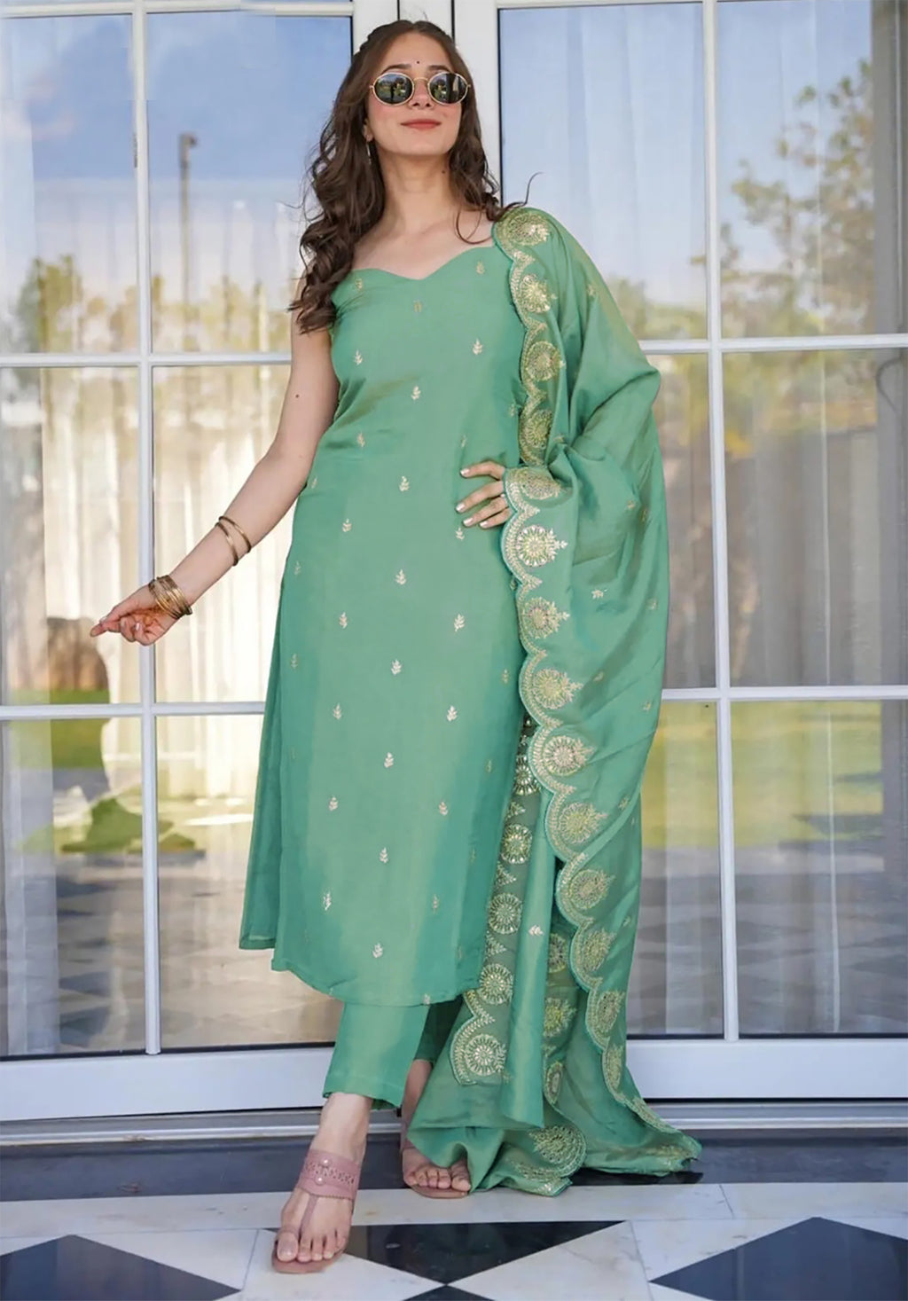 Elegant Festive Wear Suit – Green Kurta with Embroidery - 3 piece ready-to-wear | JAASPREET | PAKISTANI | PUNJABI | SOUTH ASIAN