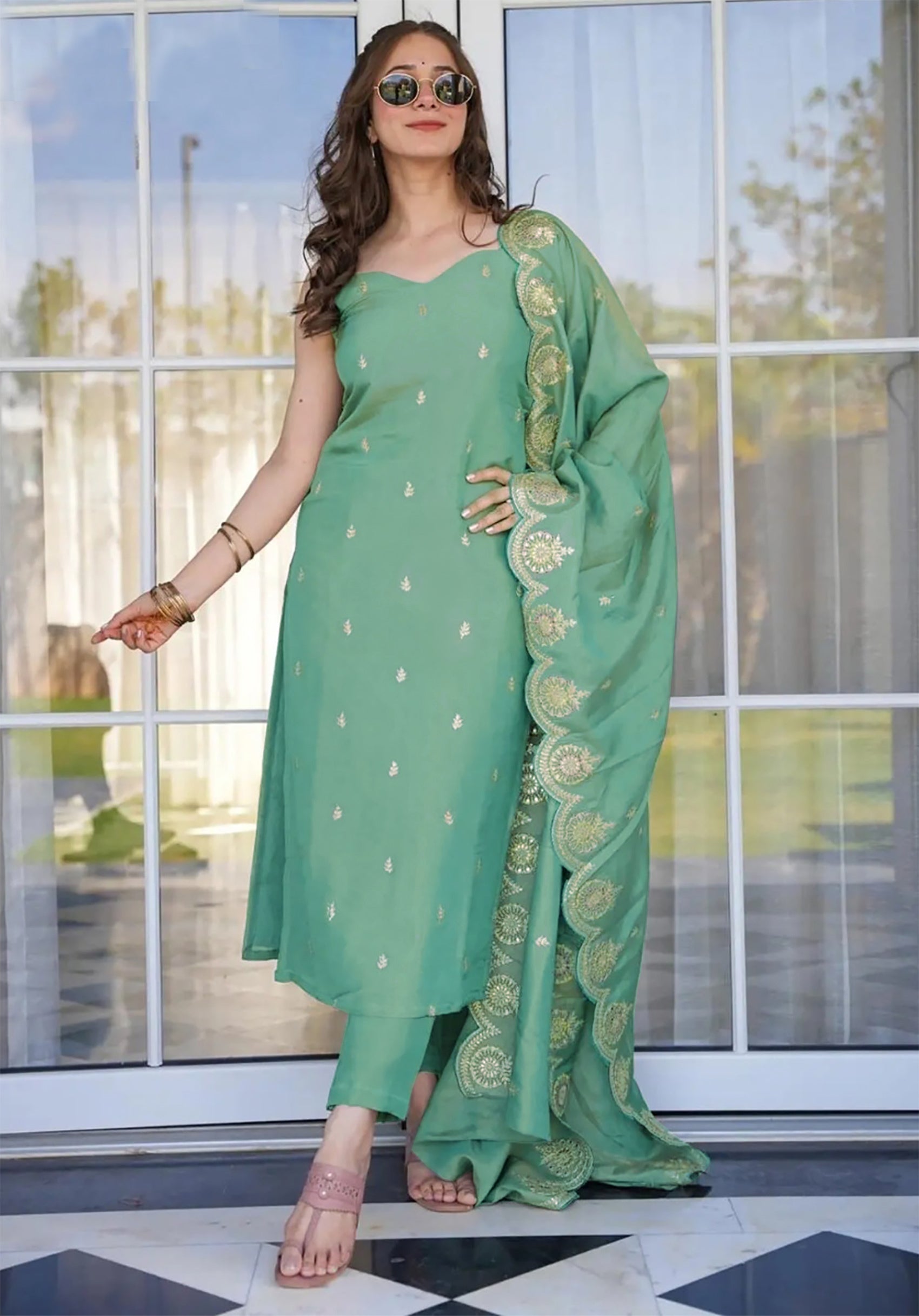 Elegant Festive Wear Suit – Green Kurta with Embroidery - 3 piece ready-to-wear | JAASPREET | PAKISTANI | PUNJABI | SOUTH ASIAN