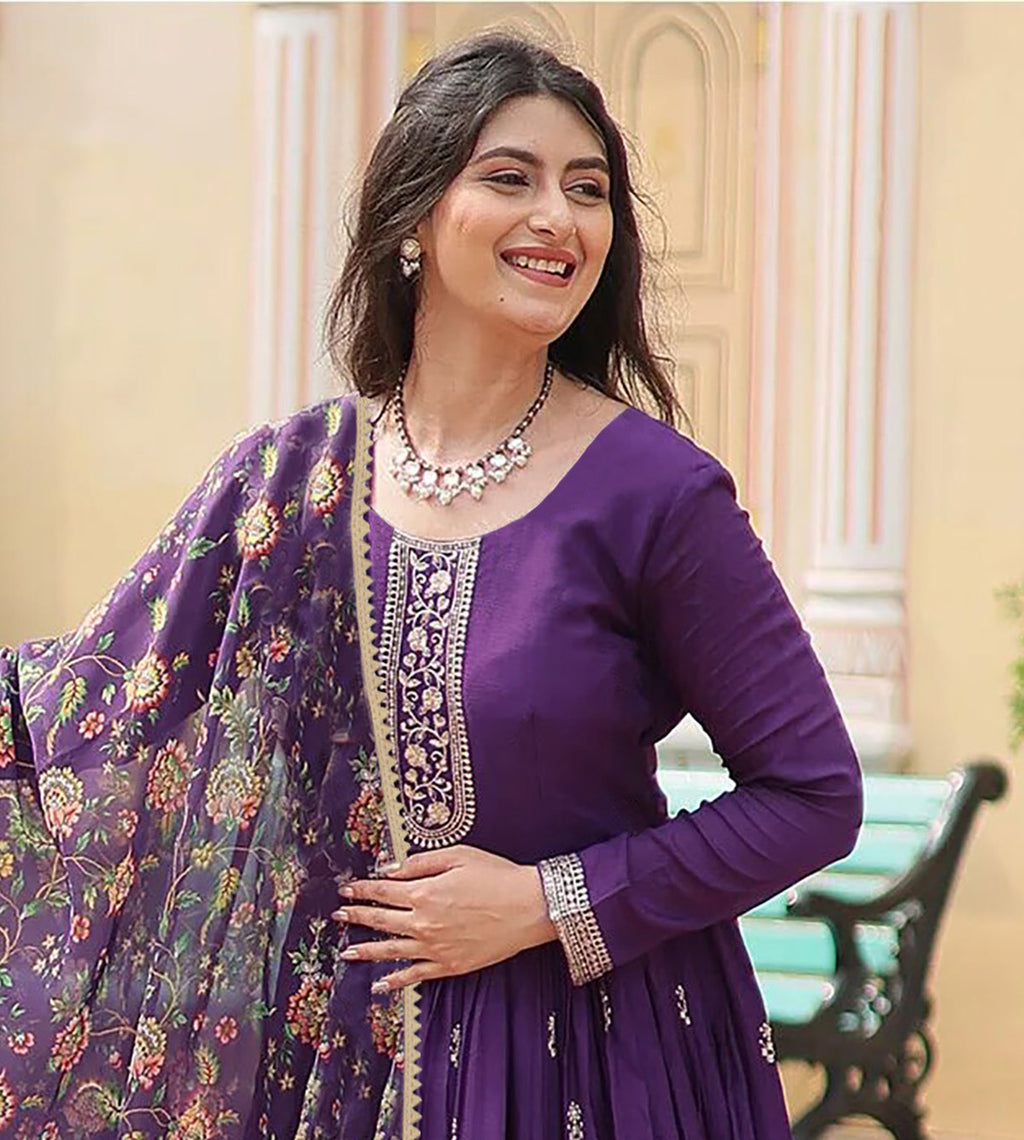 Royal Violet Floral Anarkali Suit with Embroidered Dupatta – Ethnic Elegance for Festive & Wedding Wear | two piece ready-to-wear | GEETANJALI | PAKISTANI | PUNJABI | SOUTH ASIAN