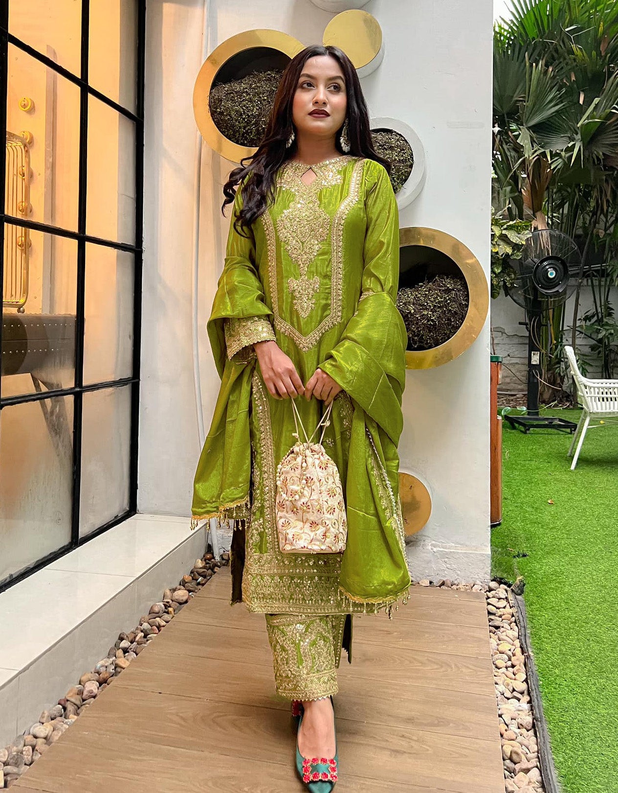 Designer Suit Set – Olive Green Zari Embroidery for Special Occasions | GITAR | PAKISTANI | PUNJABI | SOUTH ASIAN