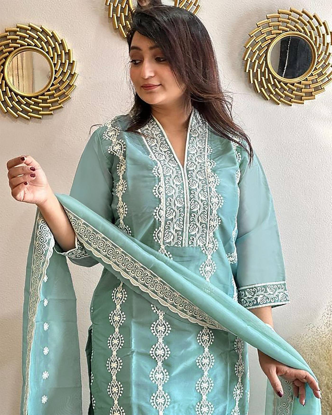 Pastel Green Pakistani Style Kurta Pant Dupatta Set – Eid/Festive Wear - 3 piece ready-to-wear | MANGALDEEP | PAKISTANI | PUNJABI | SOUTH ASIAN
