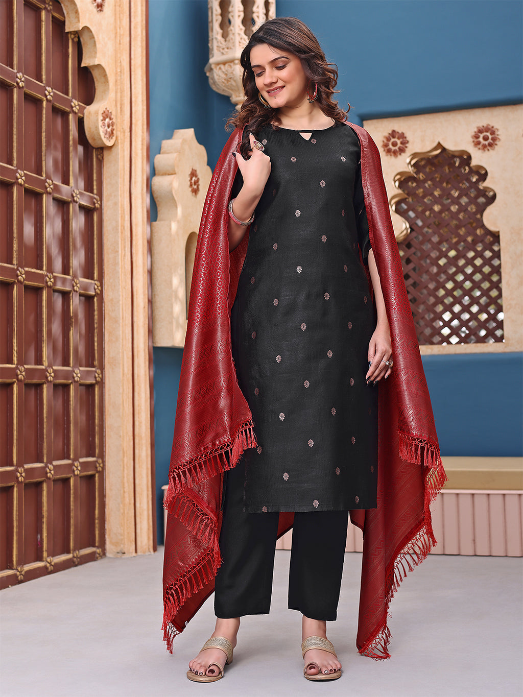 Women’s Black Ethnic Suit Set with Red Shawl – Festive Wear Kurti Set - 3 piece ready-to-wear | NAYAB| PAKISTANI | PUNJABI | SOUTH ASIAN