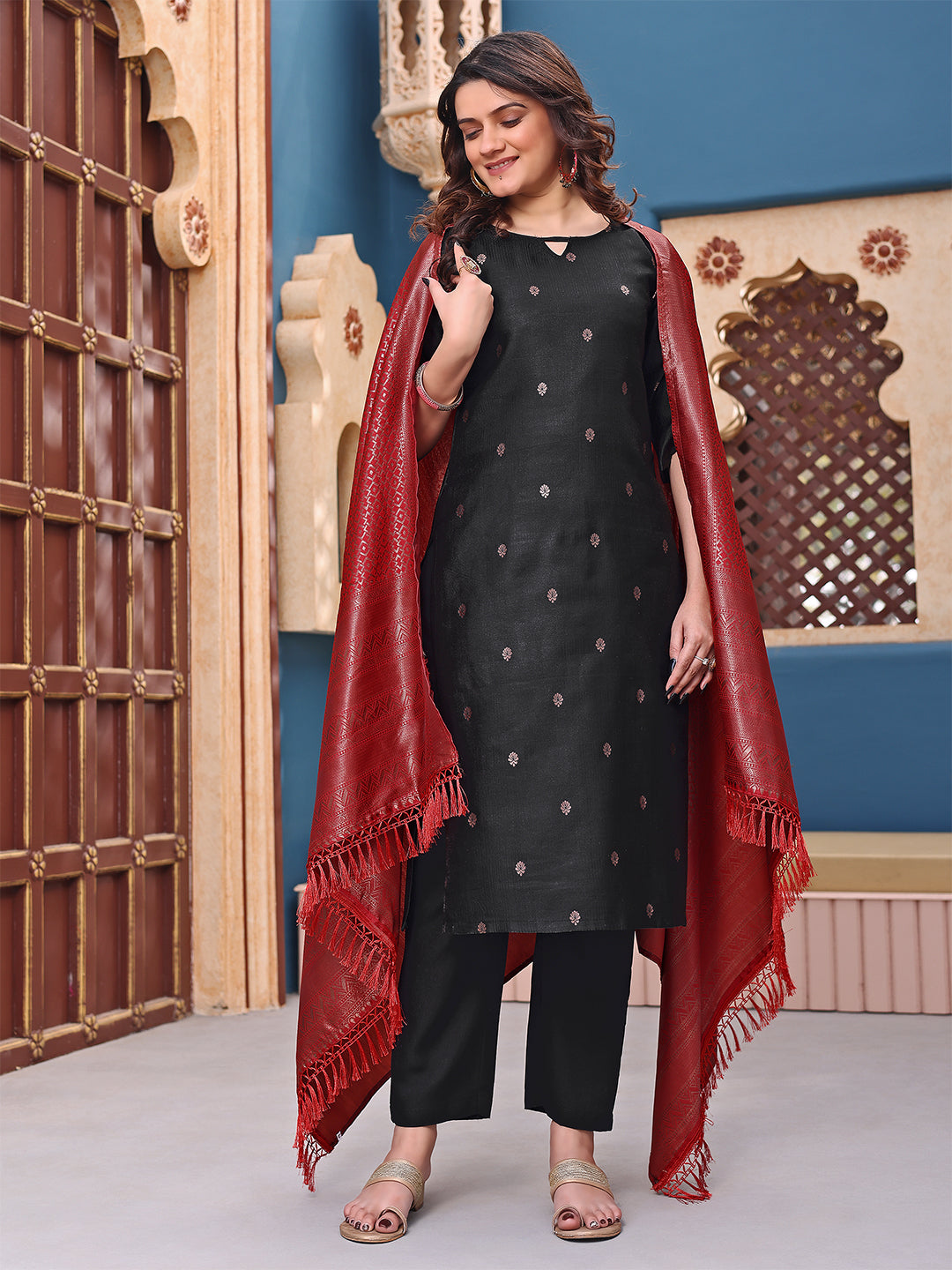 Women’s Black Ethnic Suit Set with Red Shawl – Festive Wear Kurti Set - 3 piece ready-to-wear | NAYAB| PAKISTANI | PUNJABI | SOUTH ASIAN