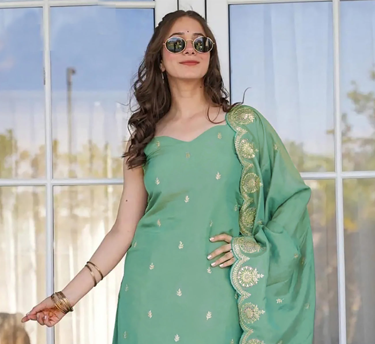 Elegant Festive Wear Suit – Green Kurta with Embroidery - 3 piece ready-to-wear | JAASPREET | PAKISTANI | PUNJABI | SOUTH ASIAN