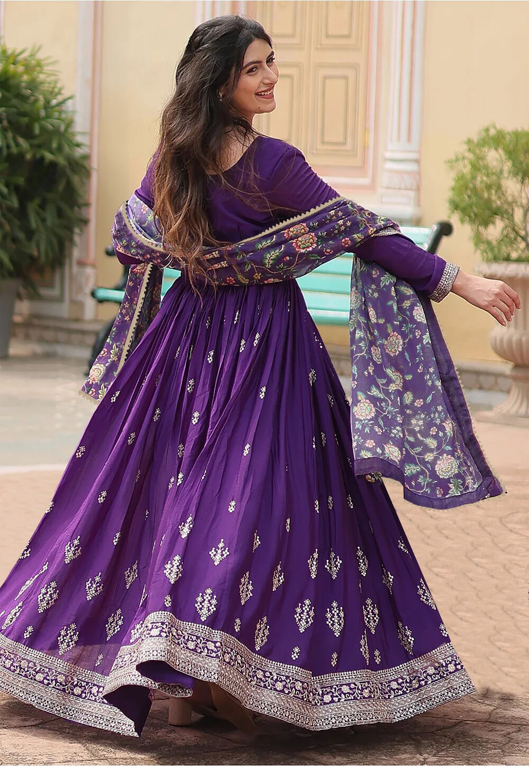 Royal Violet Floral Anarkali Suit with Embroidered Dupatta – Ethnic Elegance for Festive & Wedding Wear | two piece ready-to-wear | GEETANJALI | PAKISTANI | PUNJABI | SOUTH ASIAN