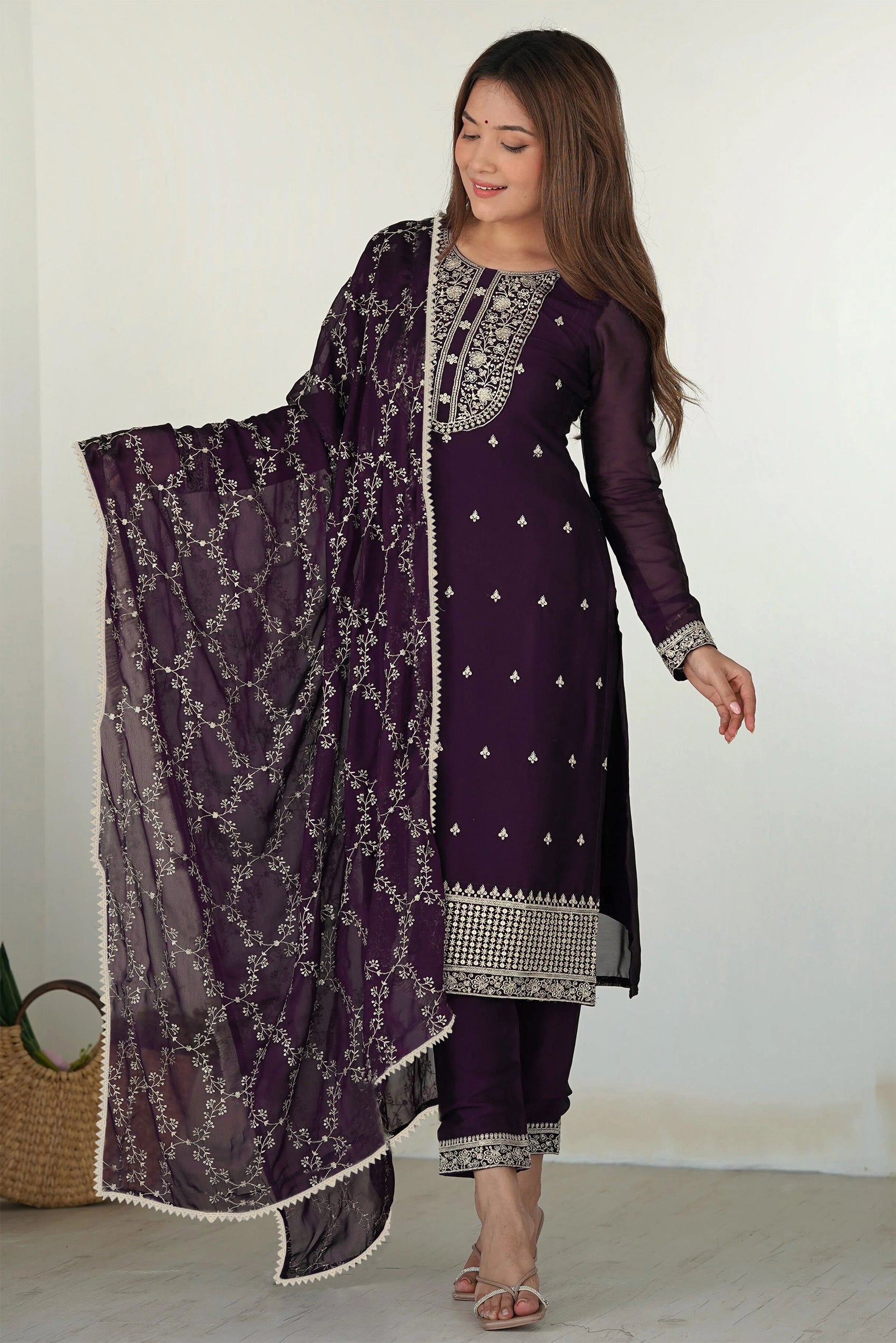 Royal Plum Embroidered Straight Kurta Set with Net Dupatta – Traditional Festive Wear - 3 piece ready-to-wear | ZILMIL |  | PAKISTANI | PUNJABI | SOUTH ASIAN