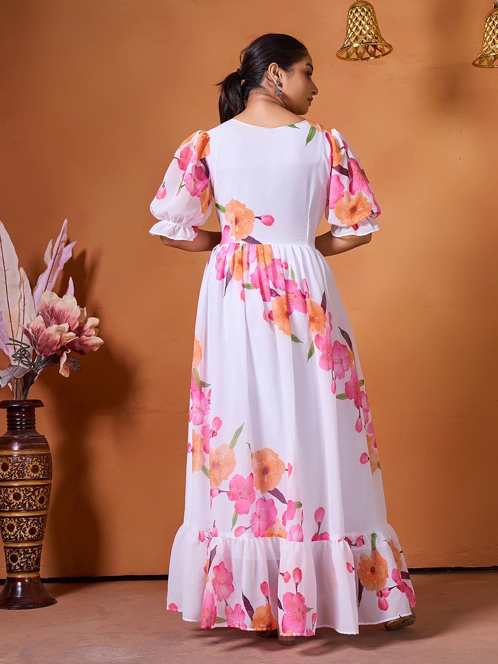 Chic Floral Elegance Long White Western Dress - 1 piece ready-to-wear | CRUSH| PAKISTANI | PUNJABI | SOUTH ASIAN