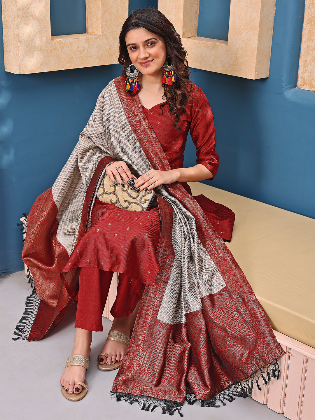 Traditional Maroon Suit Set – Kurti Pant with Heavy Dupatta - 3 piece ready-to-wear | MANNAT | PAKISTANI | PUNJABI | SOUTH ASIAN