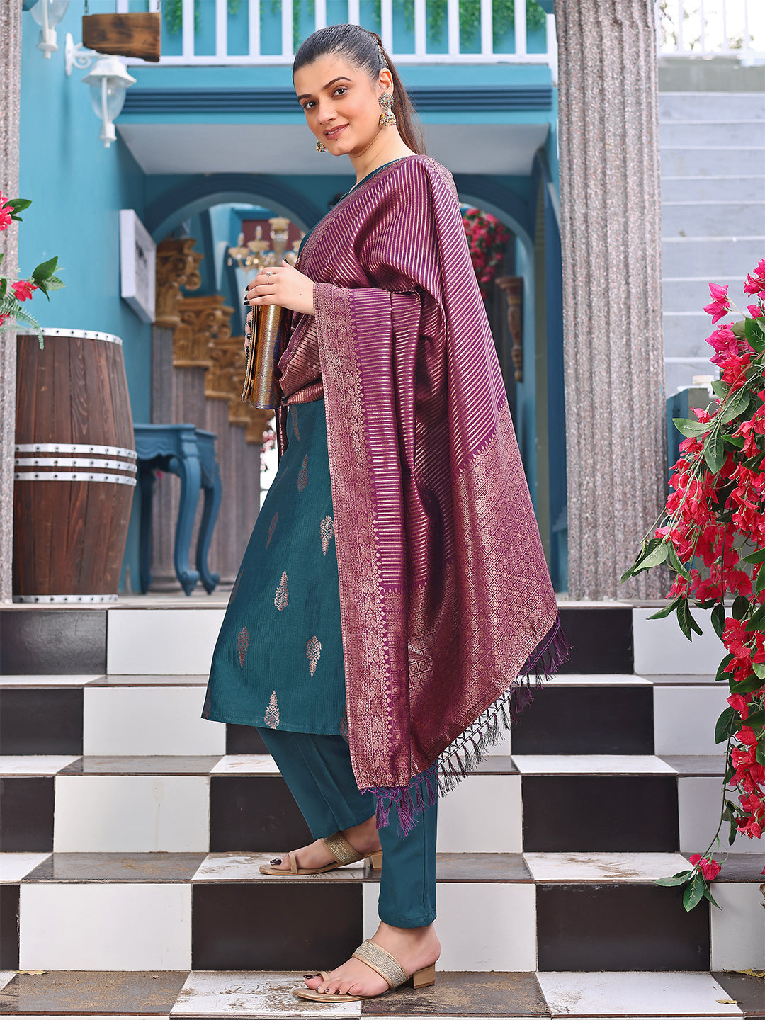 Teal Jacquard Kurta Set with Rich Maroon Banarasi Dupatta – Festive & Party Wear - 3 piece ready-to-wear | ROMAN | PAKISTANI | PUNJABI | SOUTH ASIAN