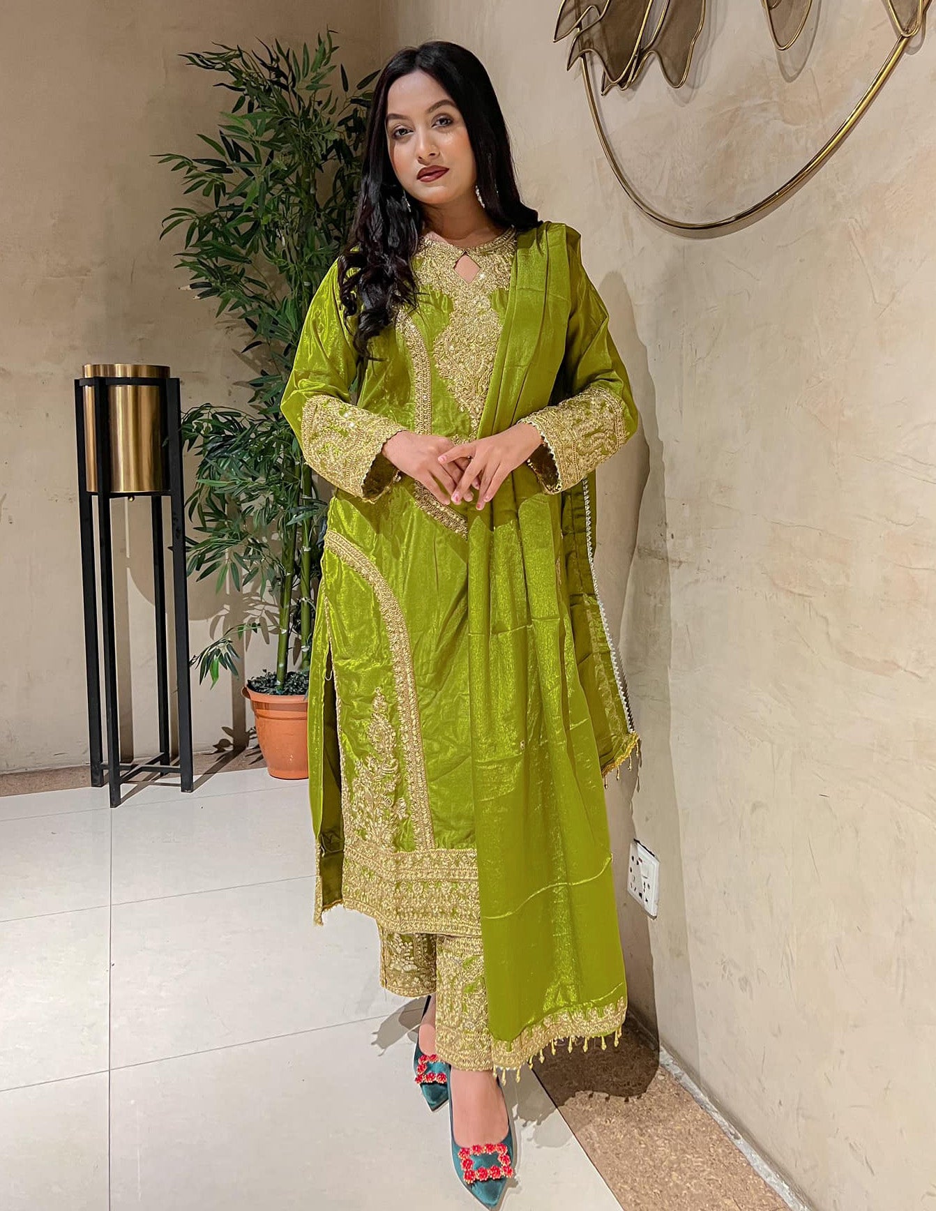 Designer Suit Set – Olive Green Zari Embroidery for Special Occasions | GITAR | PAKISTANI | PUNJABI | SOUTH ASIAN