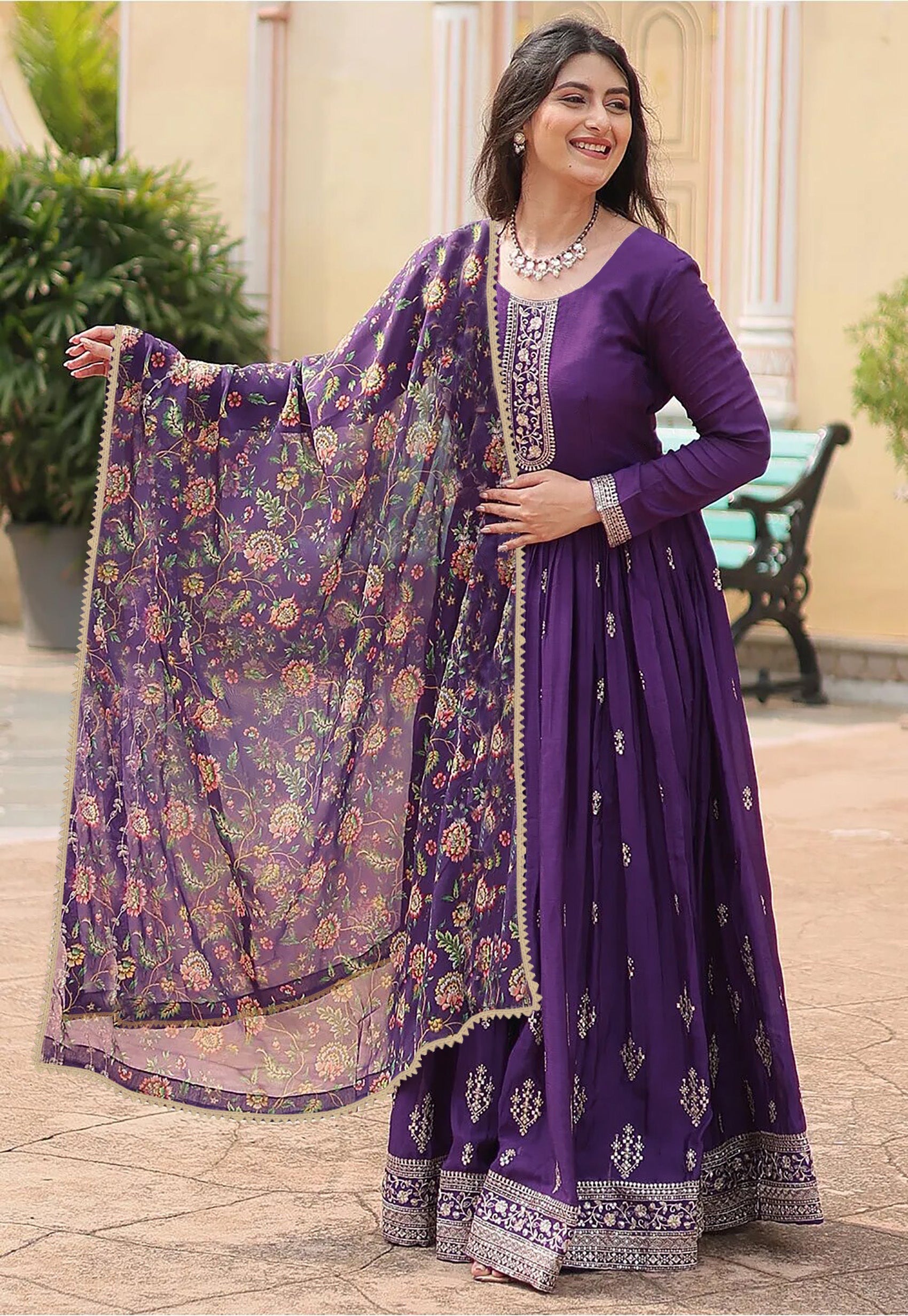 Royal Violet Floral Anarkali Suit with Embroidered Dupatta – Ethnic Elegance for Festive & Wedding Wear | two piece ready-to-wear | GEETANJALI | PAKISTANI | PUNJABI | SOUTH ASIAN
