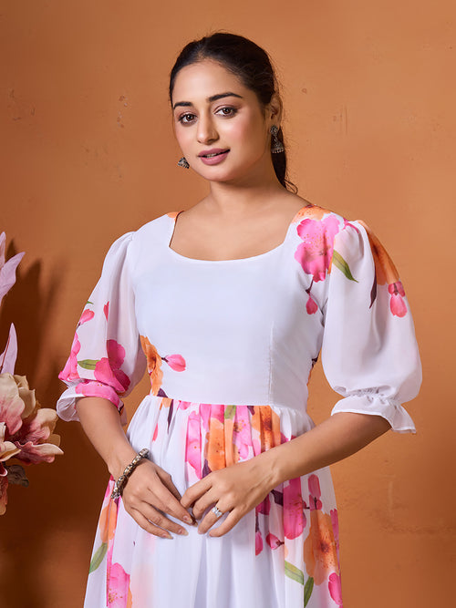 Chic Floral Elegance Long White Western Dress - 1 piece ready-to-wear | CRUSH| PAKISTANI | PUNJABI | SOUTH ASIAN