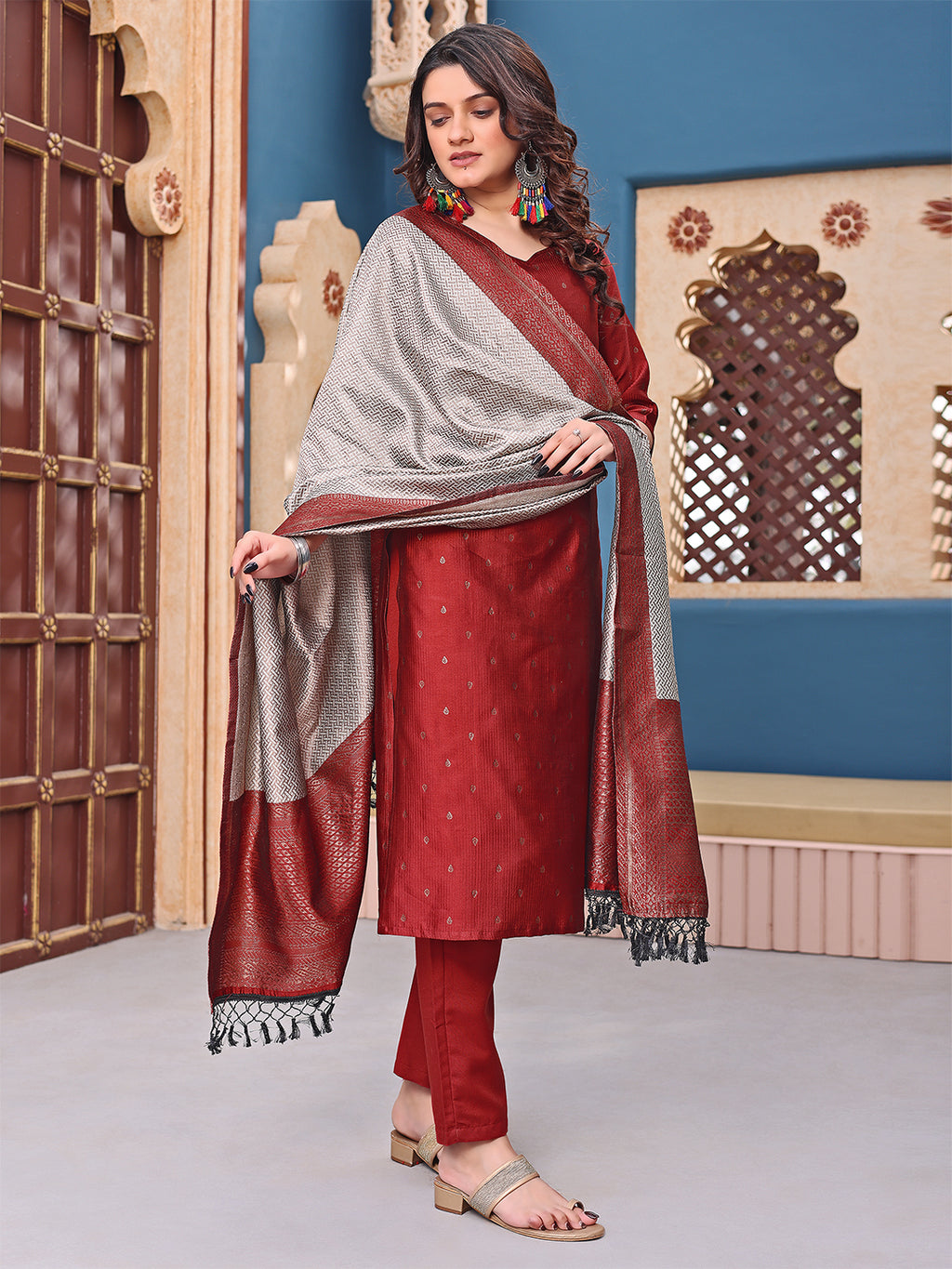 Traditional Maroon Suit Set – Kurti Pant with Heavy Dupatta - 3 piece ready-to-wear | MANNAT | PAKISTANI | PUNJABI | SOUTH ASIAN