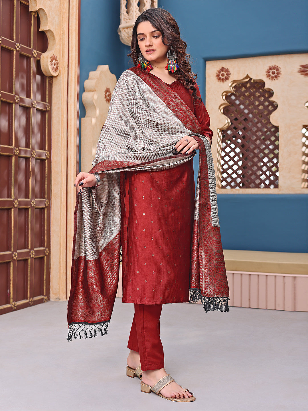 Traditional Maroon Suit Set – Kurti Pant with Heavy Dupatta - 3 piece ready-to-wear | MANNAT | PAKISTANI | PUNJABI | SOUTH ASIAN