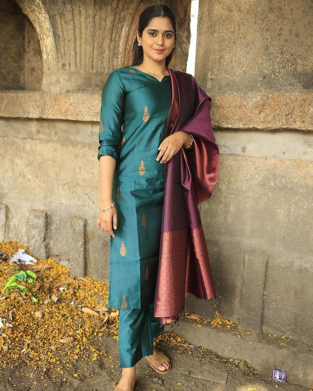 Teal Jacquard Kurta Set with Rich Maroon Banarasi Dupatta – Festive & Party Wear - 3 piece ready-to-wear | ROMAN | PAKISTANI | PUNJABI | SOUTH ASIAN