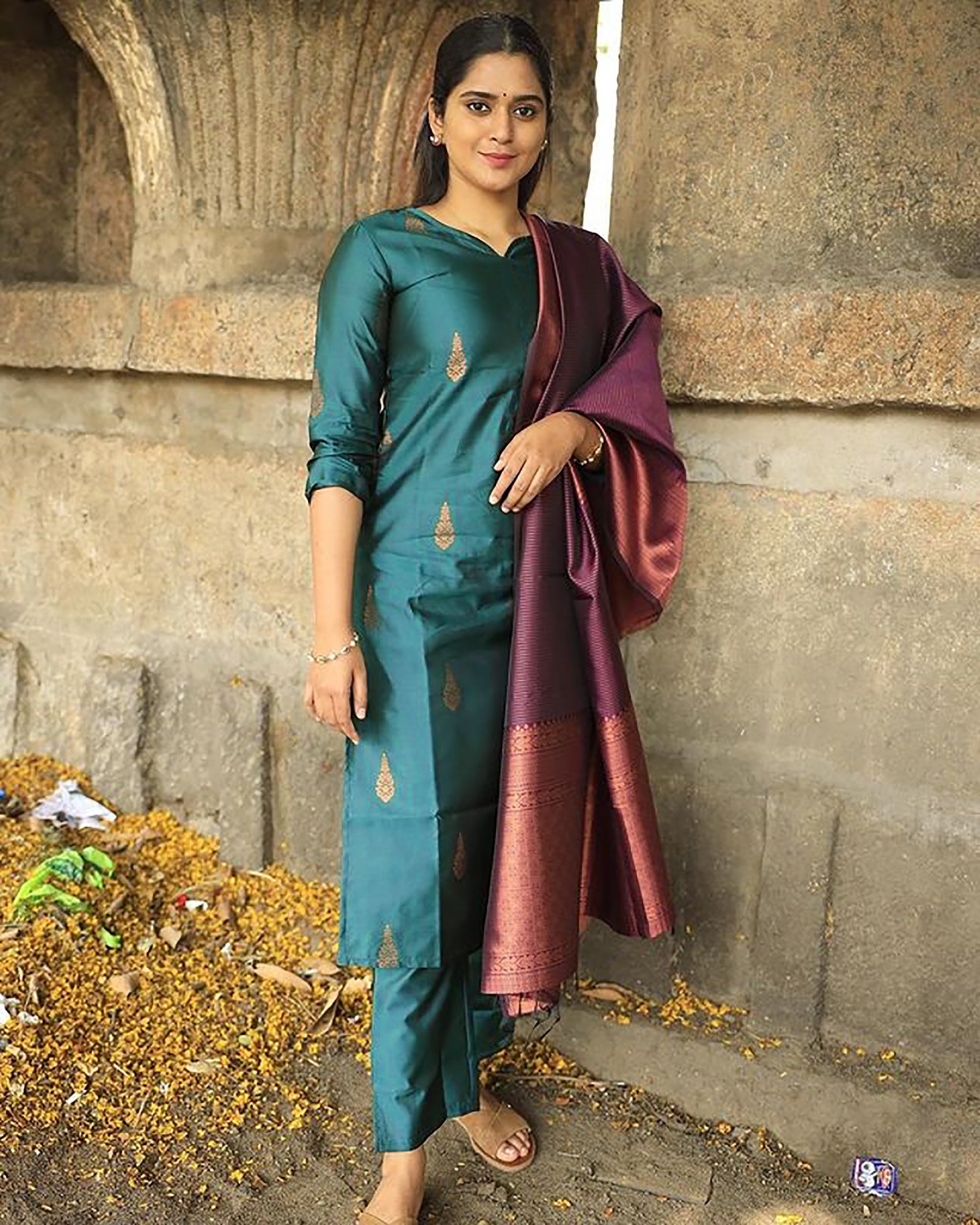 Teal Jacquard Kurta Set with Rich Maroon Banarasi Dupatta – Festive & Party Wear - 3 piece ready-to-wear | ROMAN | PAKISTANI | PUNJABI | SOUTH ASIAN