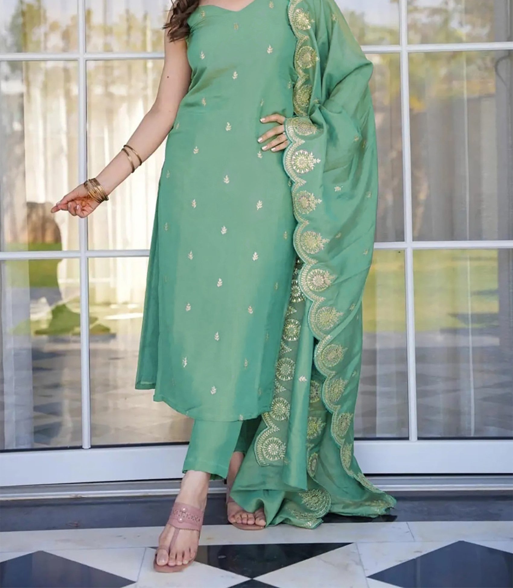 Elegant Festive Wear Suit – Green Kurta with Embroidery - 3 piece ready-to-wear | JAASPREET | PAKISTANI | PUNJABI | SOUTH ASIAN