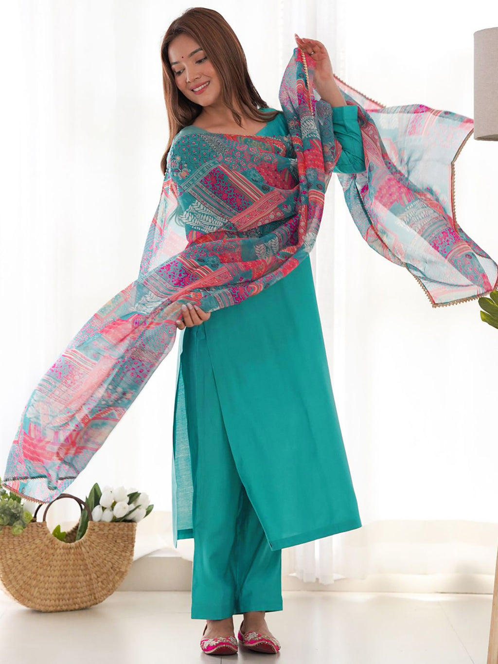 Elegant Teal Straight Kurta Set with Printed Dupatta – Women’s Ethnic Wear - 3 piece ready-to-wear | PULSEBERRY | PAKISTANI | PUNJABI | SOUTH ASIAN
