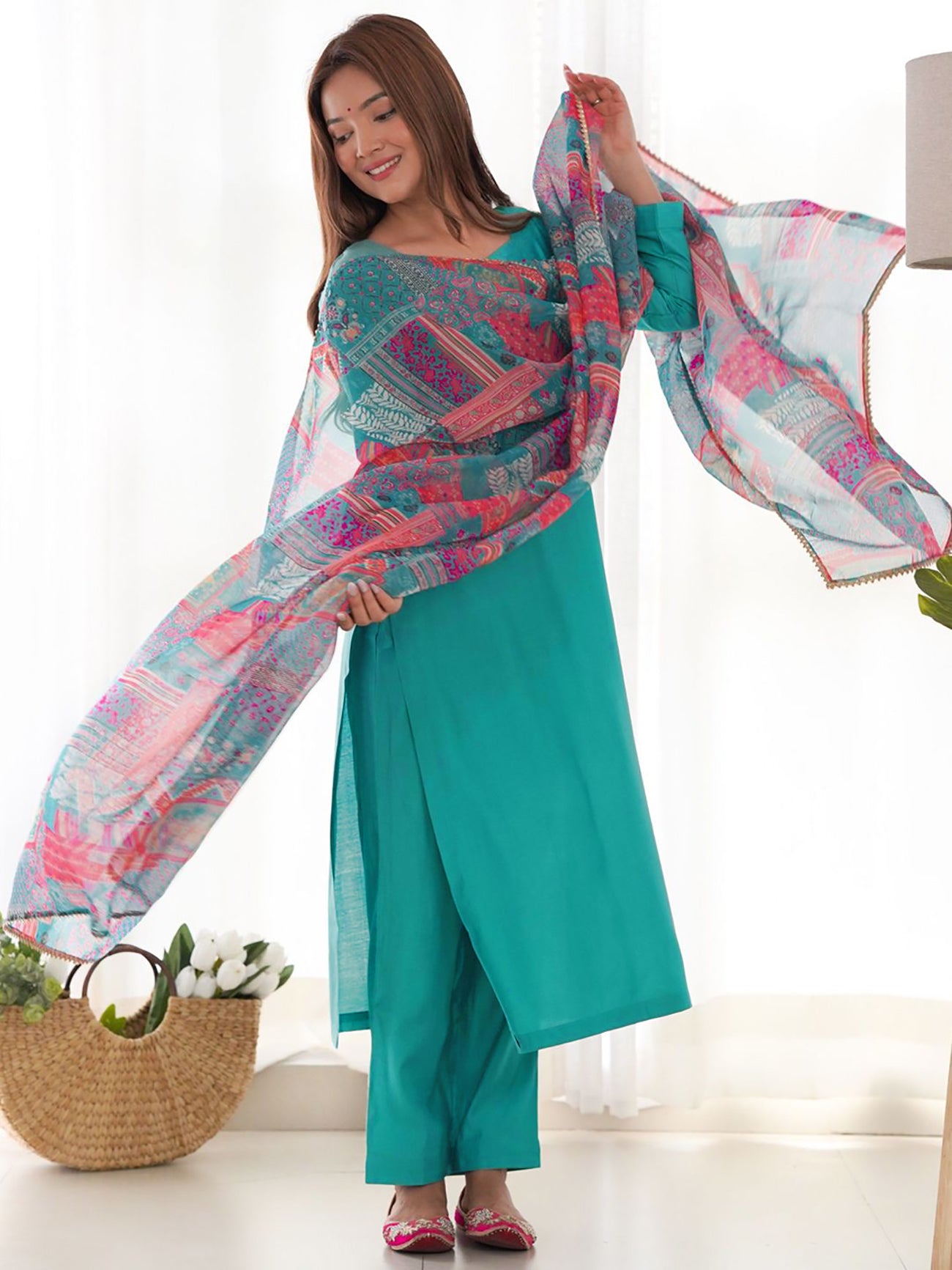 Elegant Teal Straight Kurta Set with Printed Dupatta – Women’s Ethnic Wear - 3 piece ready-to-wear | PULSEBERRY | PAKISTANI | PUNJABI | SOUTH ASIAN