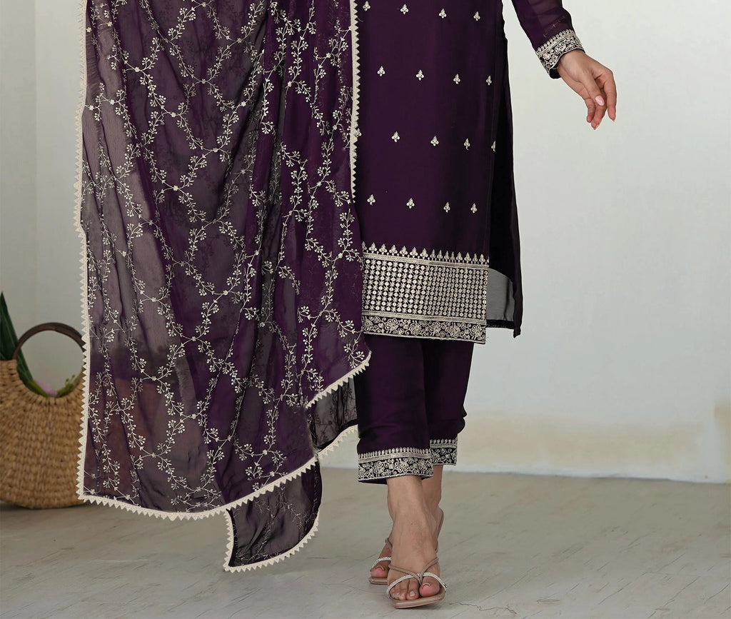 Royal Plum Embroidered Straight Kurta Set with Net Dupatta – Traditional Festive Wear - 3 piece ready-to-wear | ZILMIL |  | PAKISTANI | PUNJABI | SOUTH ASIAN