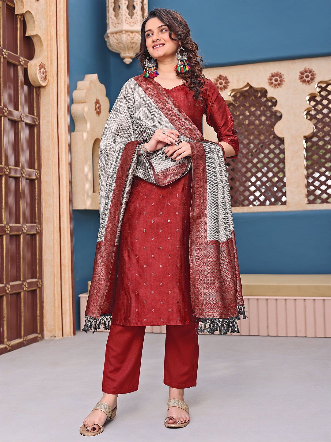 Traditional Maroon Suit Set – Kurti Pant with Heavy Dupatta - 3 piece ready-to-wear | MANNAT | PAKISTANI | PUNJABI | SOUTH ASIAN