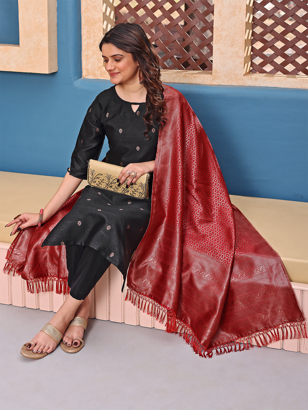Women’s Black Ethnic Suit Set with Red Shawl – Festive Wear Kurti Set - 3 piece ready-to-wear | NAYAB| PAKISTANI | PUNJABI | SOUTH ASIAN
