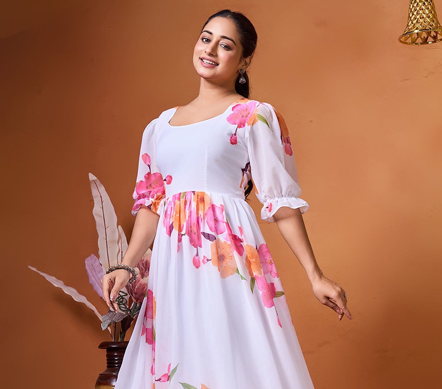 Chic Floral Elegance Long White Western Dress - 1 piece ready-to-wear | CRUSH| PAKISTANI | PUNJABI | SOUTH ASIAN
