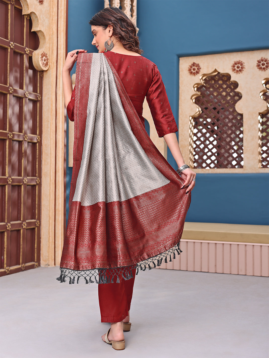 Traditional Maroon Suit Set – Kurti Pant with Heavy Dupatta - 3 piece ready-to-wear | MANNAT | PAKISTANI | PUNJABI | SOUTH ASIAN