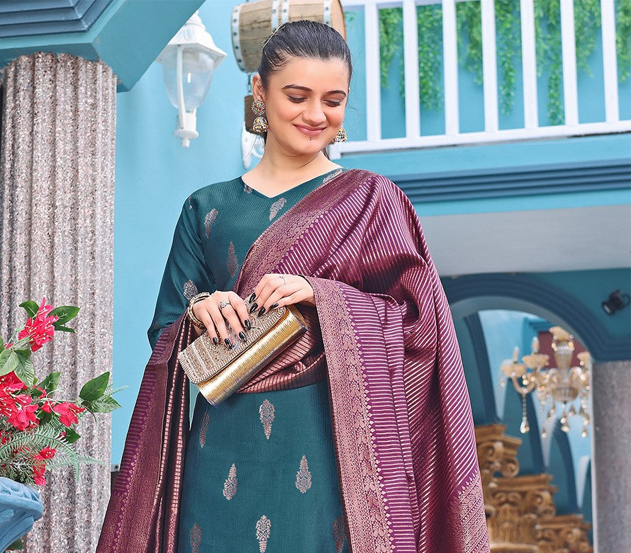 Teal Jacquard Kurta Set with Rich Maroon Banarasi Dupatta – Festive & Party Wear - 3 piece ready-to-wear | ROMAN | PAKISTANI | PUNJABI | SOUTH ASIAN