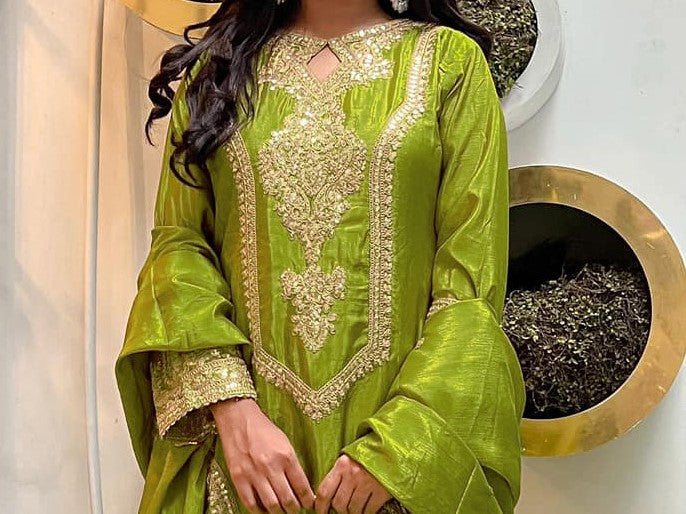 Designer Suit Set – Olive Green Zari Embroidery for Special Occasions | GITAR | PAKISTANI | PUNJABI | SOUTH ASIAN