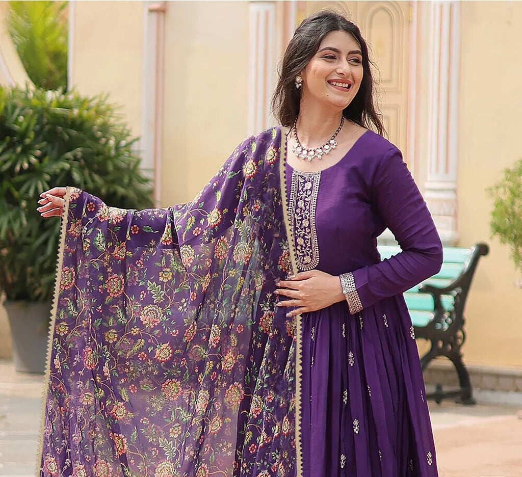 Royal Violet Floral Anarkali Suit with Embroidered Dupatta – Ethnic Elegance for Festive & Wedding Wear | two piece ready-to-wear | GEETANJALI | PAKISTANI | PUNJABI | SOUTH ASIAN