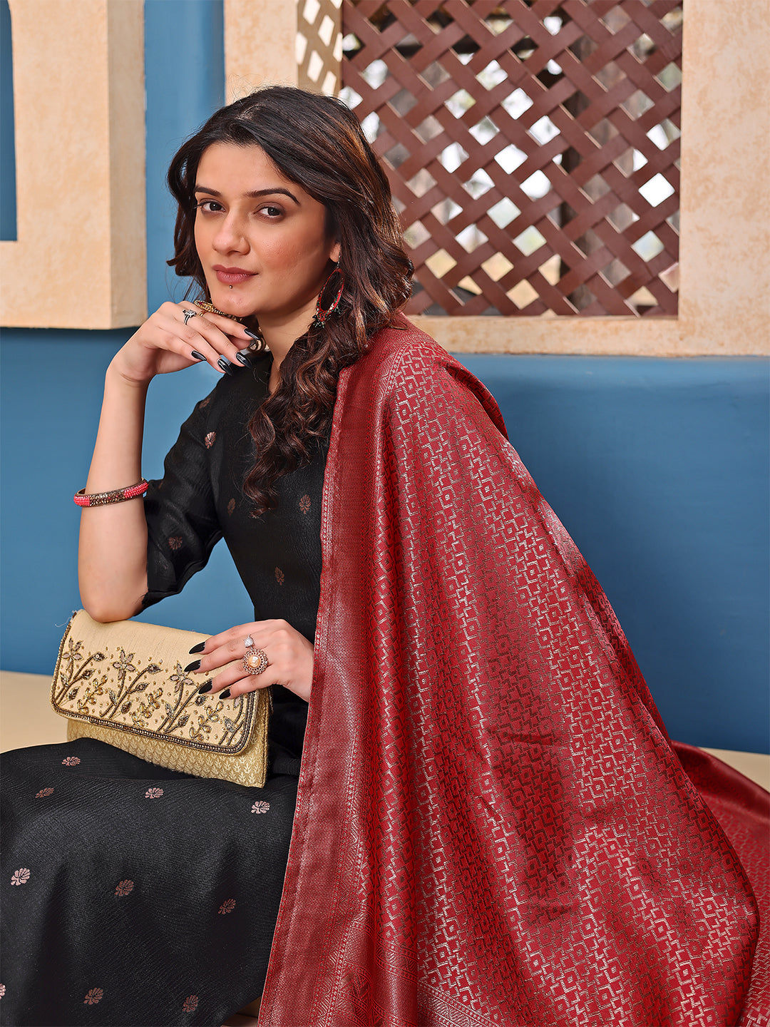 Women’s Black Ethnic Suit Set with Red Shawl – Festive Wear Kurti Set - 3 piece ready-to-wear | NAYAB| PAKISTANI | PUNJABI | SOUTH ASIAN